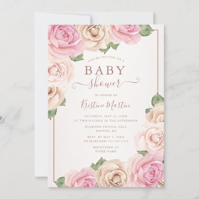 Elegant Rose Gold Watercolor Floral Baby Shower Invitation (Front)