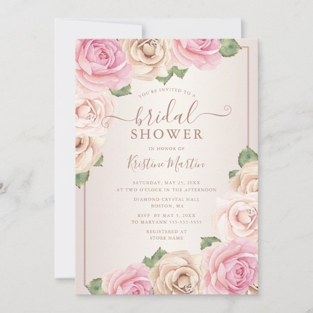Elegant Rose Gold Watercolor Floral Bridal Shower Invitation (Front)