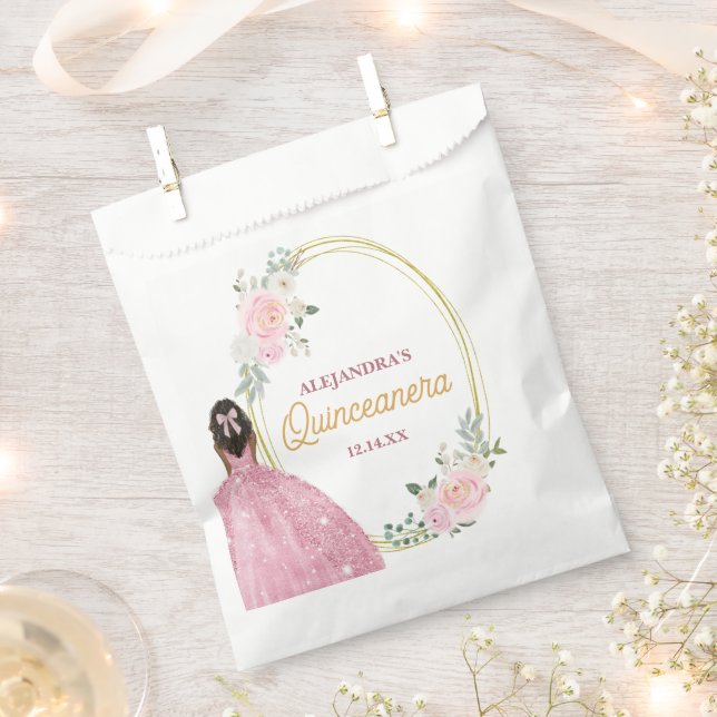 Elegant Rose Gold Watercolor Floral Quinceanera Favour Bags (Clipped)