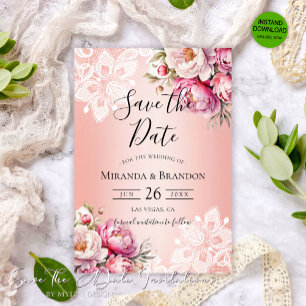 Elegant Rose Gold Watercolor Floral Wedding Save The Date