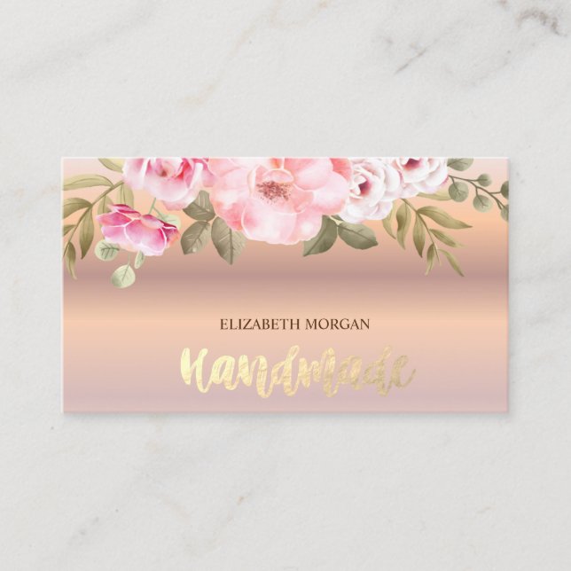 Elegant Rose Gold Watercolor Flowers Business Card (Front)