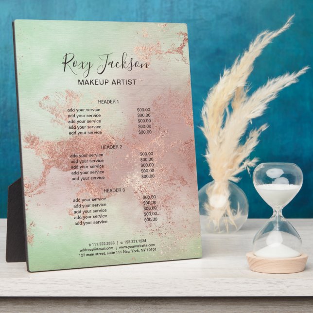 Elegant rose gold watercolor makeup services plaque (Side)
