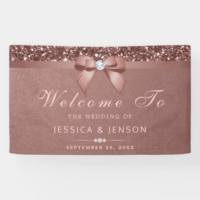 Elegant Rose Gold Wedding Diamonds Bow Glitter Banner (Horizontal)