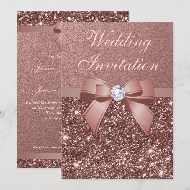Elegant Rose Gold Wedding Diamonds Bow Glitter Invitation (Front/Back)