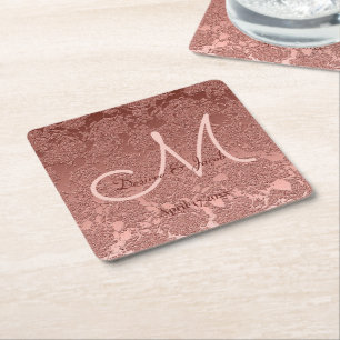 Elegant Rose Gold Wedding Reception Monogram Square Paper Coaster