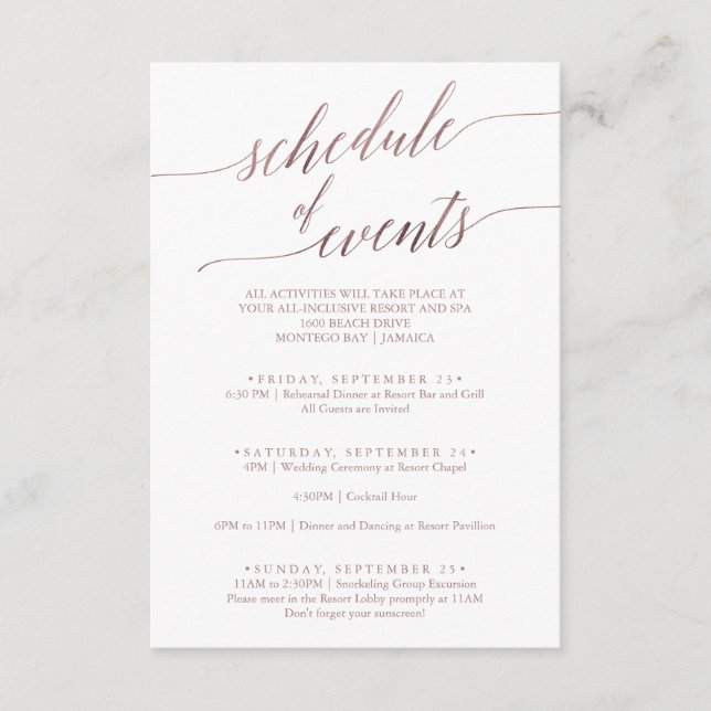 Elegant Rose Gold Wedding Weekend Event Enclosure Card (Front)