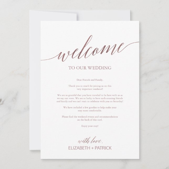 Elegant Rose Gold Wedding Welcome Letter Itinerary (Front)