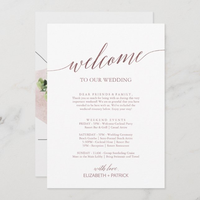 Elegant Rose Gold Welcome Letter Itinerary & Map (Front/Back)