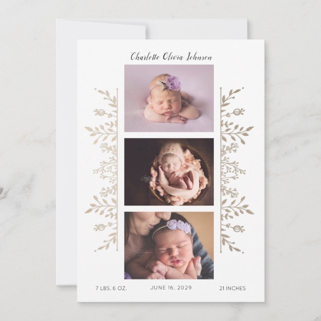 Elegant Rose Gold White 3 Photo Birth Announcement (Front)
