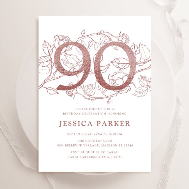 Elegant Rose Gold White 90th Birthday Invitation (Creator Uploaded)