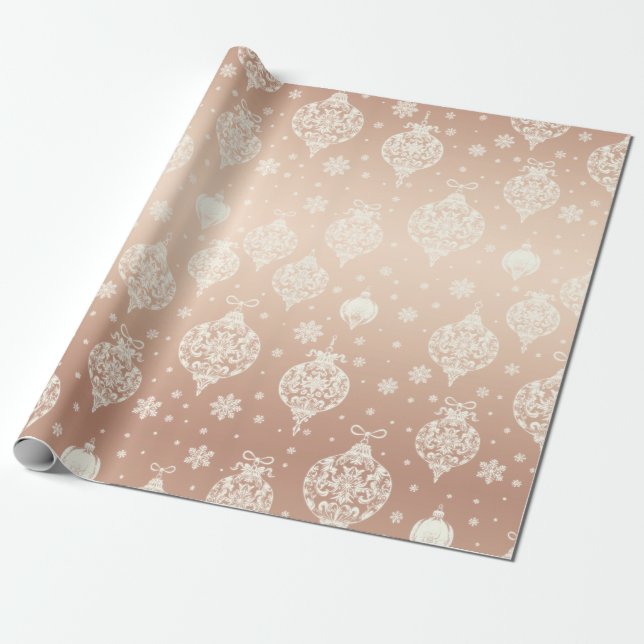 Elegant Rose Gold White Christmas Ornaments Wrapping Paper (Unrolled)