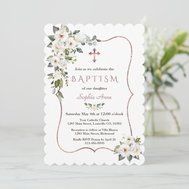 Elegant Rose Gold White Cream Flowers Baptism  Invitation (Standing Front)