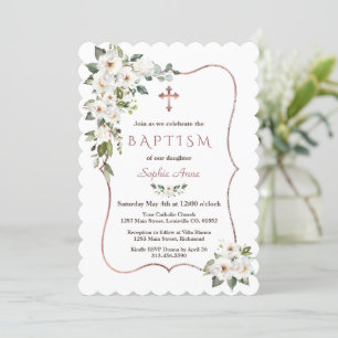 Elegant Rose Gold White Cream Flowers Baptism  Invitation