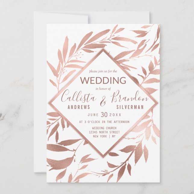 Elegant Rose Gold White Floral Leaves Wedding Invitation (Front)