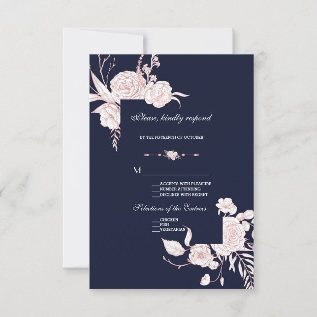 Elegant Rose Gold White Flowers Frame Wedding RSVP Card (Front)