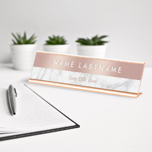Elegant Rose Gold White Grey Marble Modern Custom Desk Name Plate