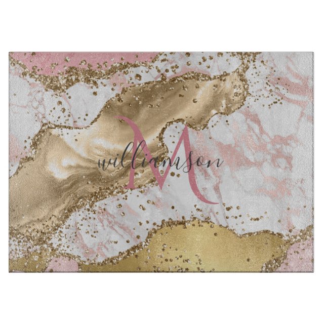 Elegant Rose Gold | White Marble Monogram  Cutting Board (Front)