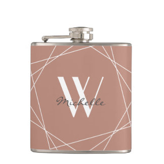 Elegant Rose Gold White Monogram Geometric Name Hip Flask