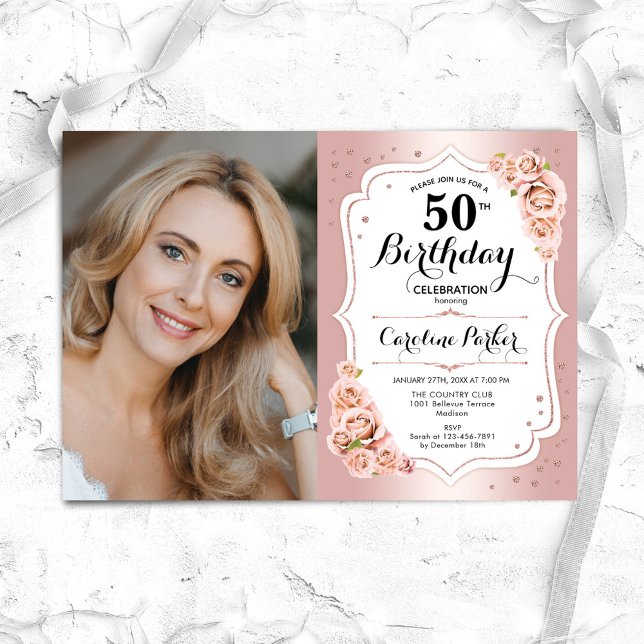 Elegant Rose Gold White Photo 50th Birthday Invitation (Creator Uploaded)