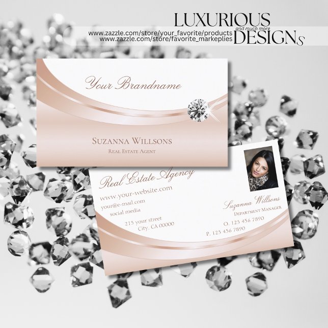 Elegant Rose Gold White with Photo and Diamond Business Card (Creator Uploaded)