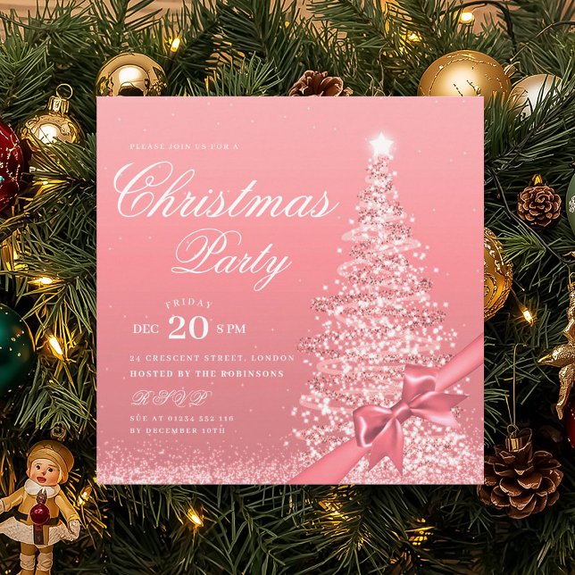 Elegant Rose Gold Winter Christmas Tree Bow  Invitation (Elegant Rose Gold Winter Christmas Tree Bow Invitation)