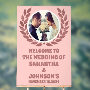 Elegant Rose Gold Wreath Photo Wedding Welcome Acrylic Sign