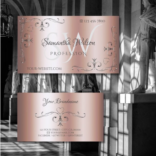 Elegant Rose Golden Silver Ornate Corners Initials Business Card (Creator Uploaded)