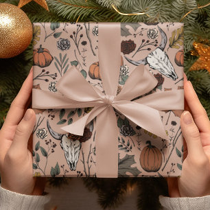 Elegant Rose Gothic Fall Harvest and Cow Skulls Wrapping Paper