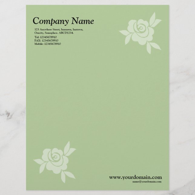 Elegant Rose - Green Personalised Letterhead (Front)