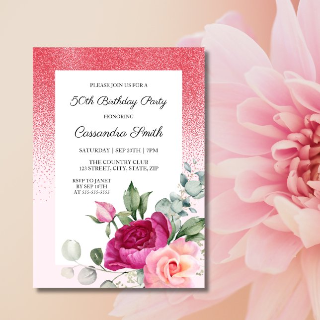 Elegant Rose Greenery Floral Red Glitter Birthday  Invitation (Creator Uploaded)