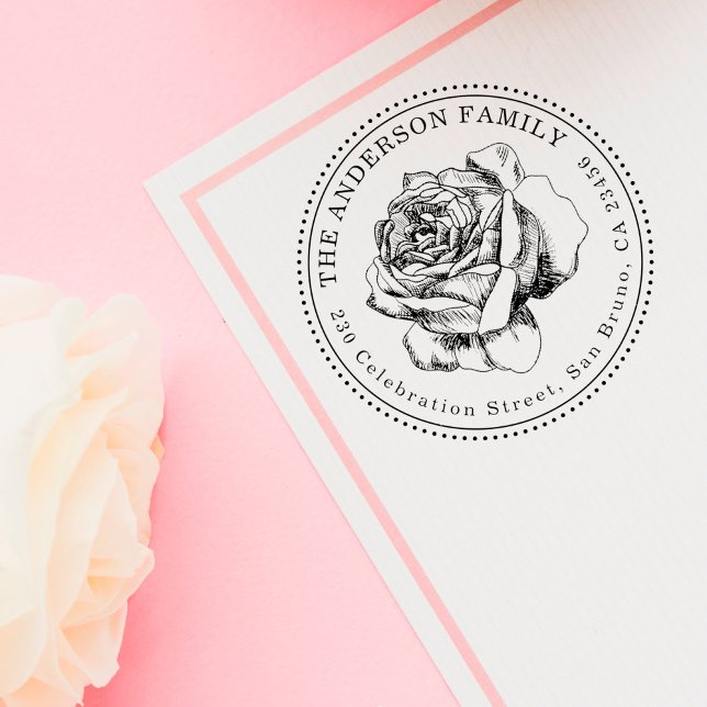 Elegant Rose Illustration Round Return Address Rubber Stamp (Creator Uploaded)