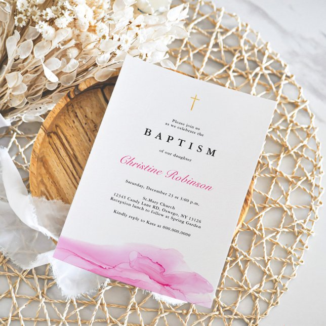 Elegant Rose Ink Gold Cross Baptism & Christening  Invitation (Creator Uploaded)