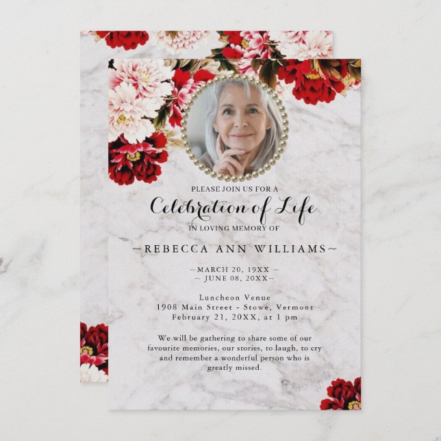 Elegant Rose Marble Celebration of Life Invitation (Front/Back)