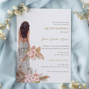 Elegant Rose Pampas Grass Dress Quinceanera Invitation