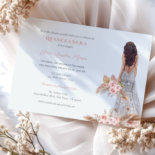 Elegant Rose Pampas Grass Dress Quinceanera Invitation