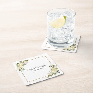 Elegant Rose   Personalised Wedding White Square Paper Coaster
