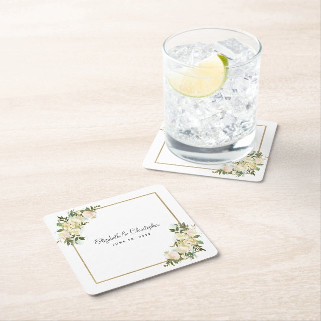 Elegant Rose | Personalised Wedding White Square Paper Coaster (Insitu)
