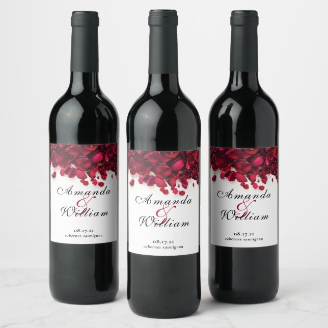 Elegant Rose Petals Wedding Wine Label (Bottles)