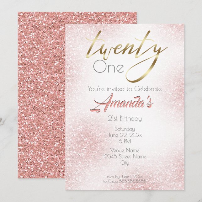 Elegant Rose Pink And Gold Glitter 21st Invitation (Front/Back)