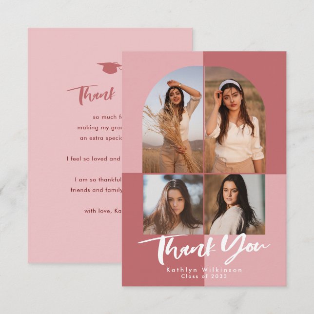 Elegant Rose Pink Arch 4 Photo Graduation Thank You Card (Front/Back)