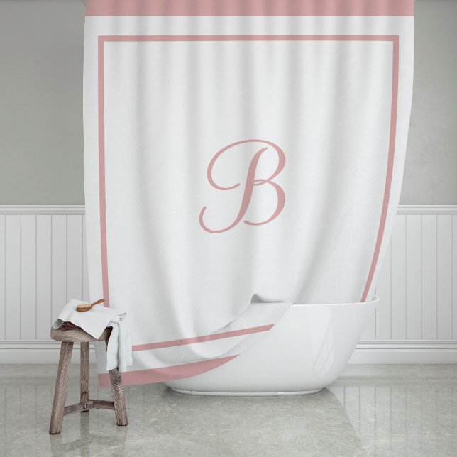 Elegant Rose Pink Border Script Monogram Letter Shower Curtain (Creator Uploaded)