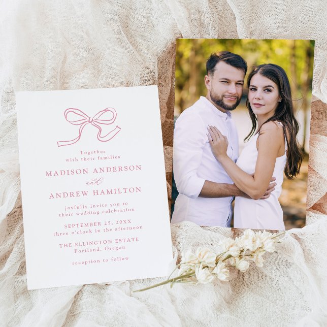 Elegant Rose Pink Bow Photo Wedding Invitation (Creator Uploaded)
