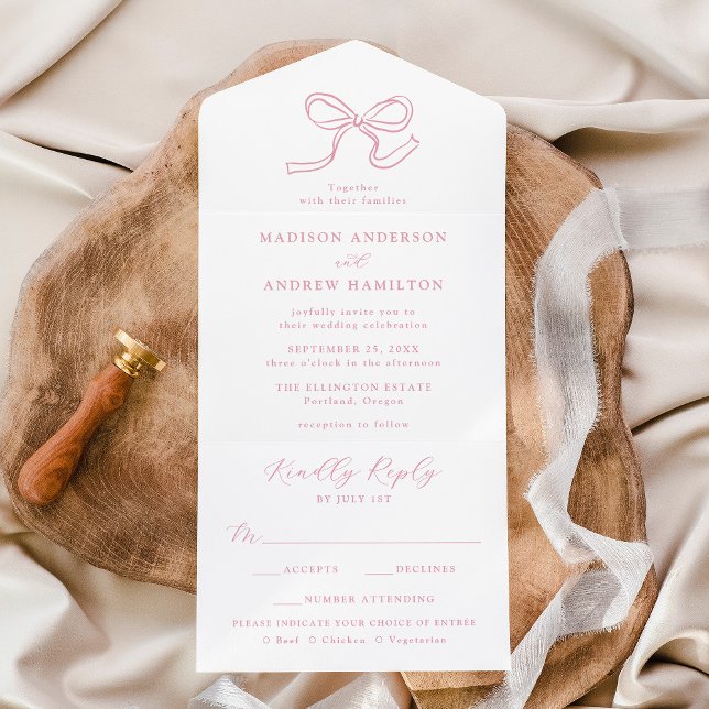 Elegant Rose Pink Bow Wedding All In One Invitation (Creator Uploaded)
