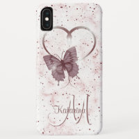 Elegant Rose Pink Butterfly, Heart Marble Monogram