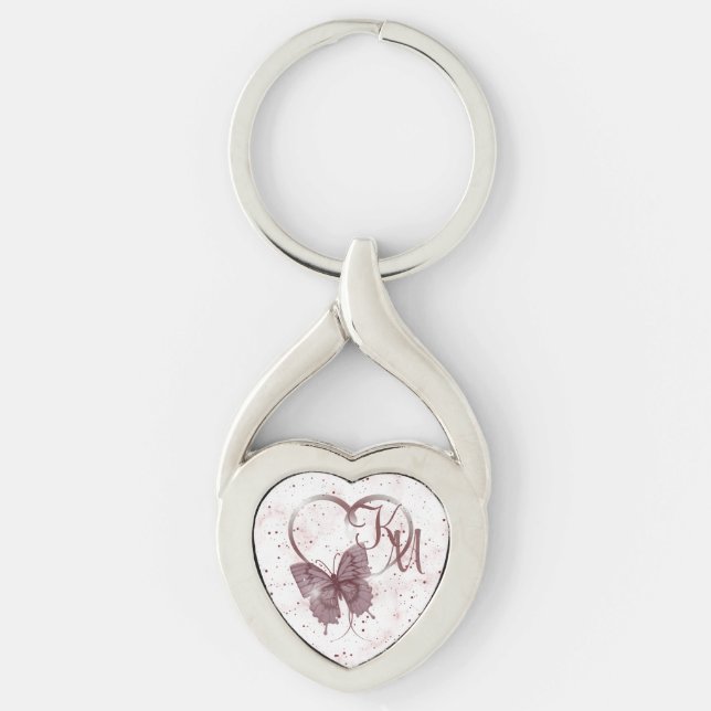 Elegant Rose Pink Butterfly, Heart Marble Monogram Key Ring (Front)