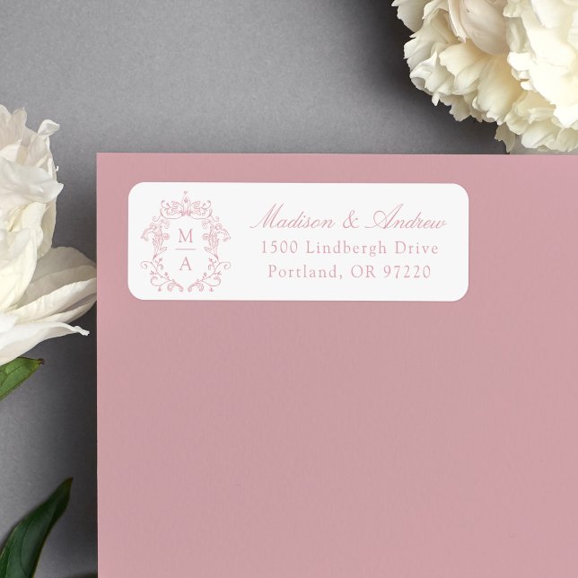 Elegant Rose Pink Crest Monogram Wedding Address (Creator Uploaded)
