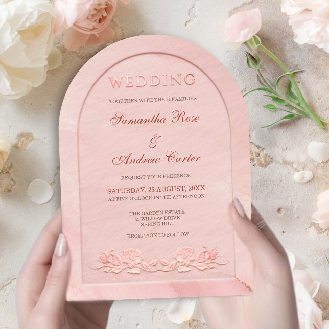 Elegant Rose Pink Embossed Arch Wedding Invitation (Creator Uploaded)