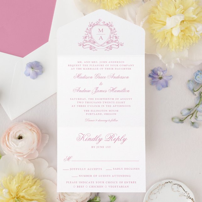 Elegant Rose Pink Floral Crest Monogram Wedding  All In One Invitation (Creator Uploaded)
