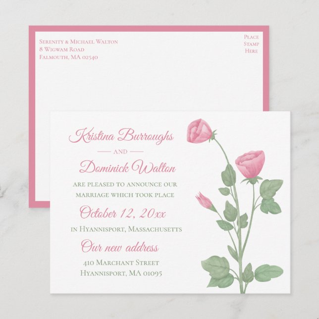 Elegant Rose Pink Floral Just Married Wedding Announcement Postcard (Front/Back)
