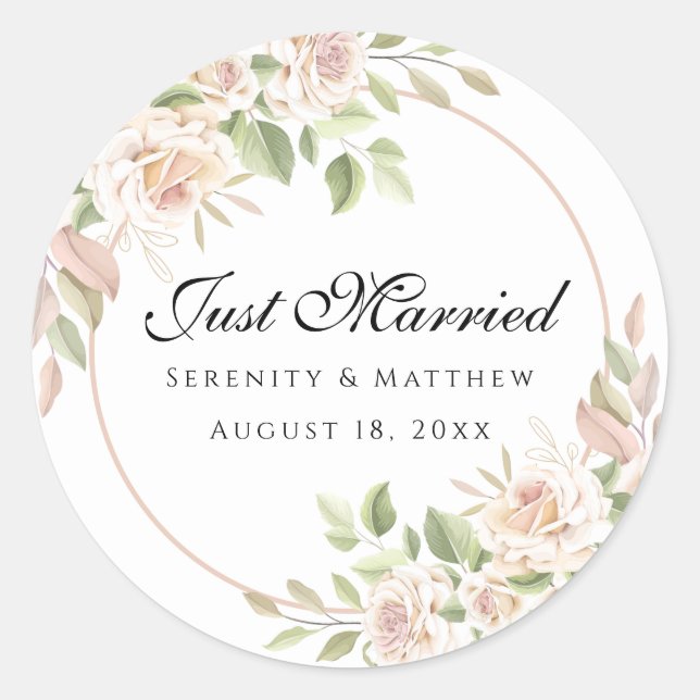 Elegant Rose Pink Floral Just Married Wedding Clas Classic Round Sticker (Front)